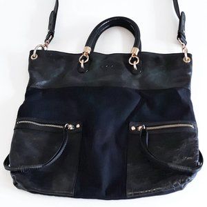*Tahari black leather and linen bag